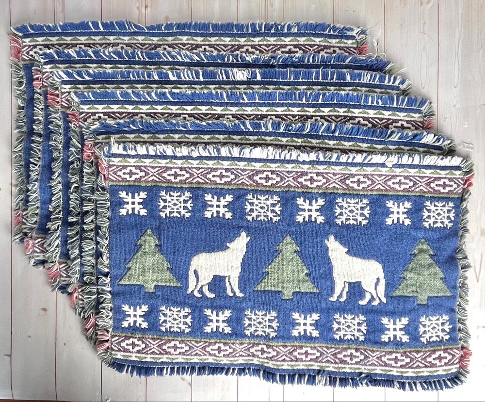 Set of 6 Rustic Woven Placemats Howling Wolves Pine Tree Snowflakes Aztec